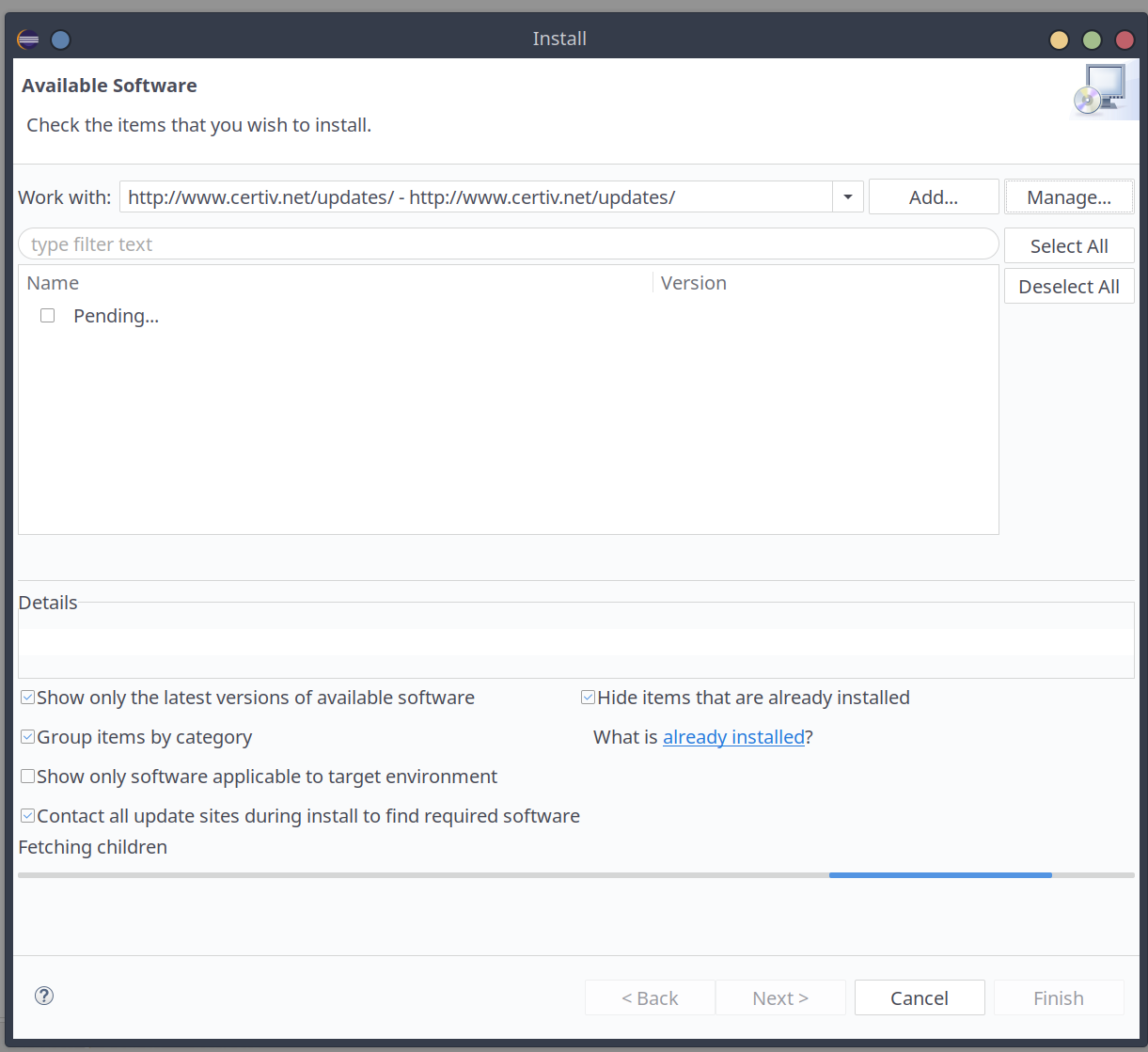 Sélection de l'update site